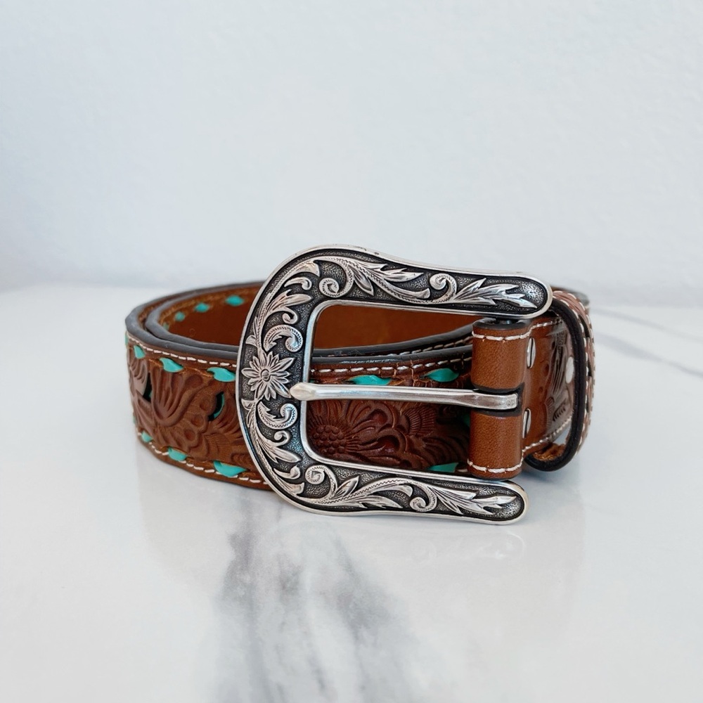 Nocona Brown Leather Belt with Teal Details Medium